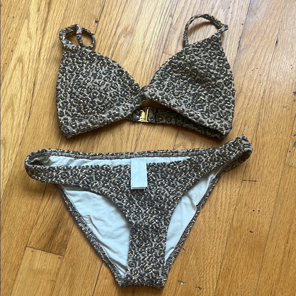 Zimmermann Brown Leopard Shimmer  Bikini Set with Triangle Top Size 1